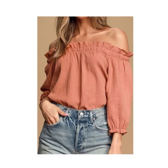 Lulu’s Peach Off-the-Shoulder Top, S - Picture 1 of 3